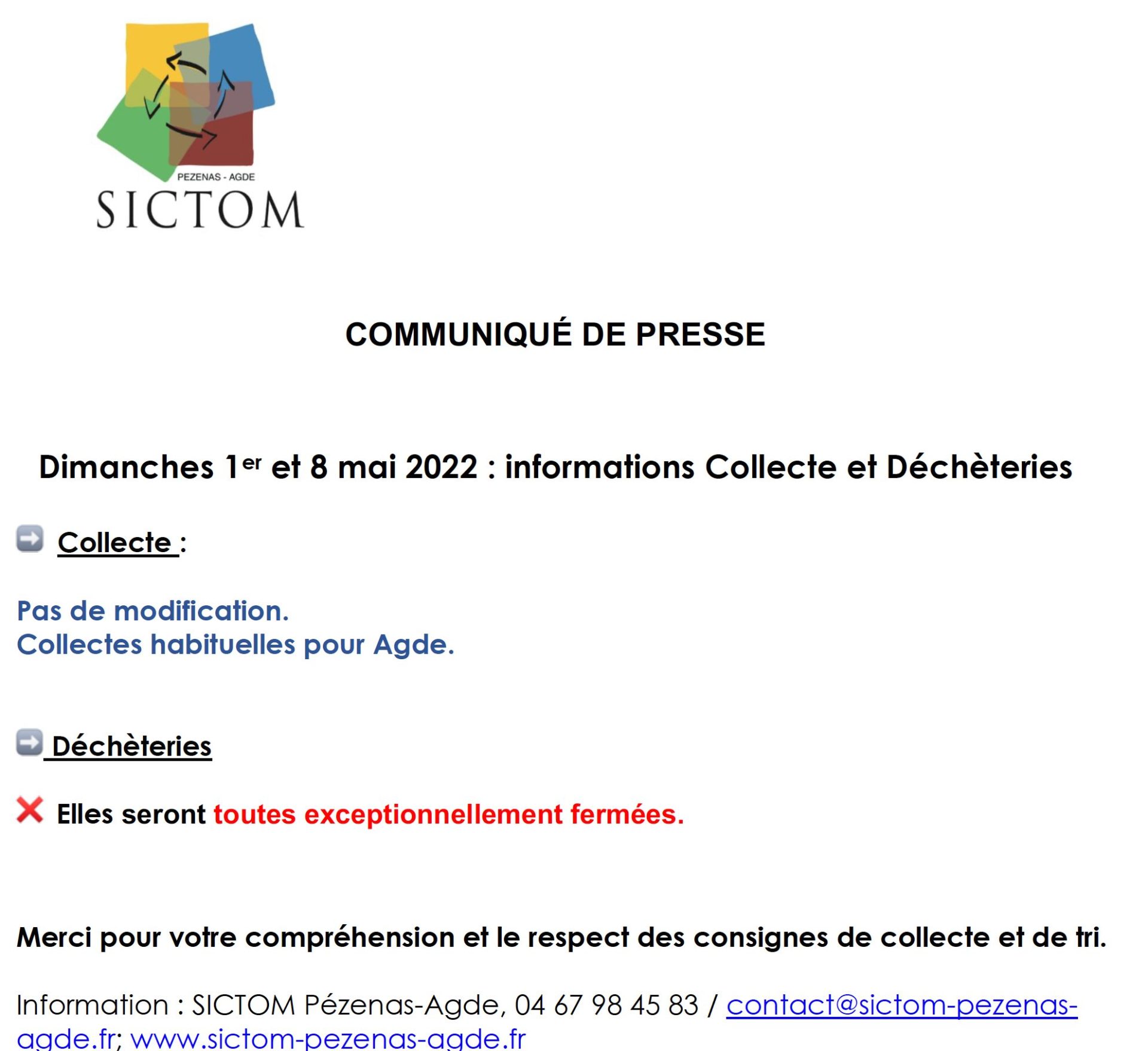 Lire la suite à propos de l’article Déchèterie : Information dimanches 1er et 8 mai 2022 :