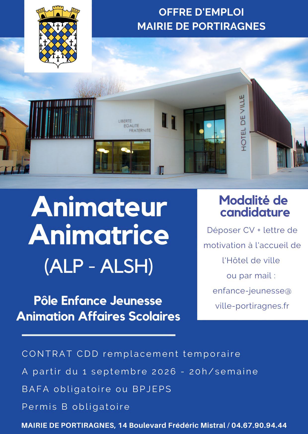 Lire la suite à propos de l’article 𝗢𝗙𝗙𝗥𝗘 𝗗&rsquo;𝗘𝗠𝗣𝗟𝗢𝗜 I 𝗠𝗮𝗶𝗿𝗶𝗲 𝗱𝗲 𝗣𝗢𝗥𝗧𝗜𝗥𝗔𝗚𝗡𝗘𝗦 – Animateur Animatrice